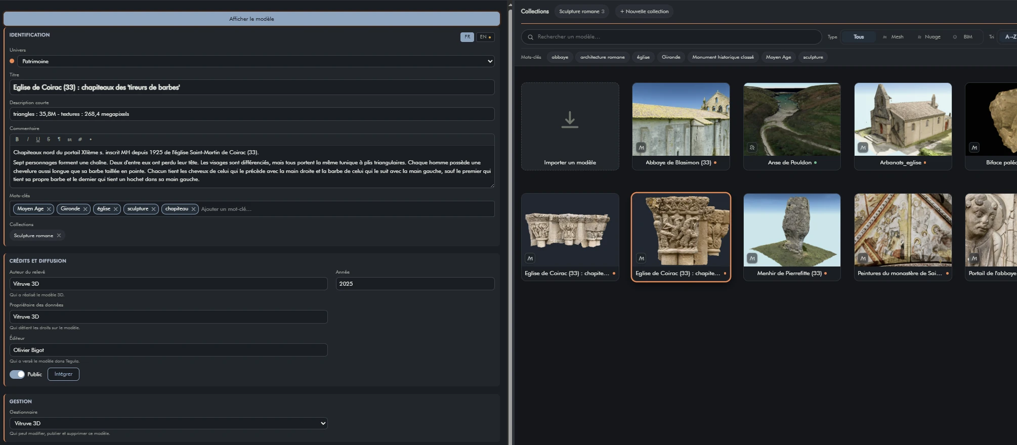Fiche de gestion d'un modèle : univers, mots-clés et collection, à côté de la grille du catalogue